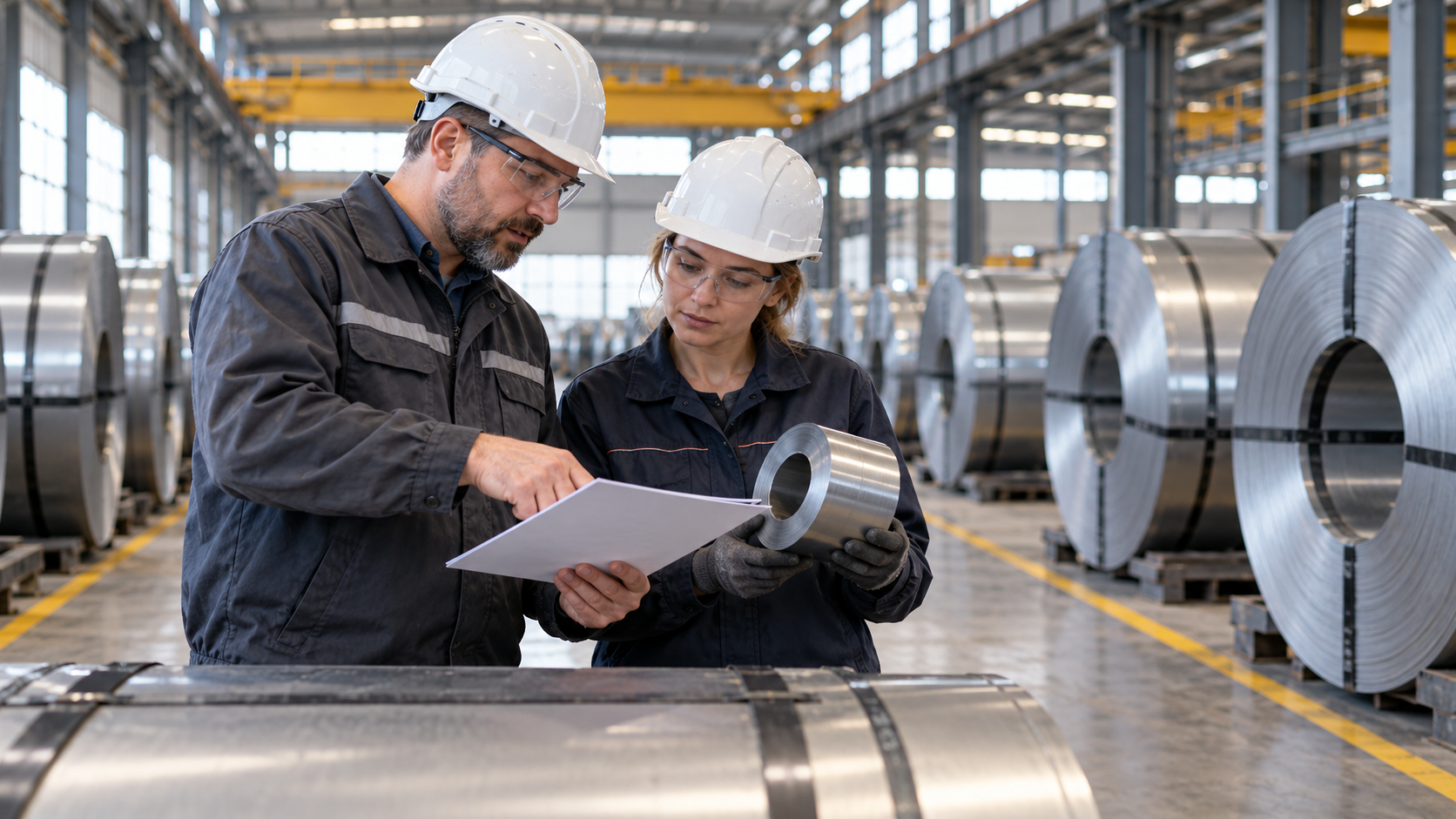 Two specialists compare data and a steel sample in a service centre