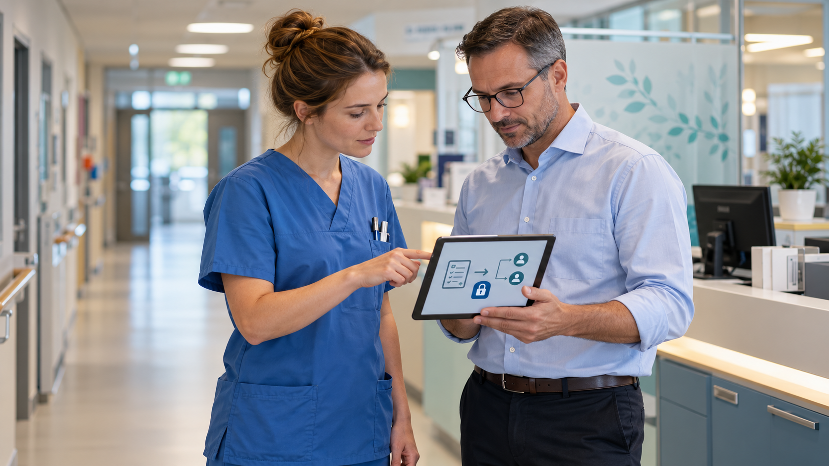 Nurse and administrative employee check a data-minimising escalation route on a tablet at a ward workstation