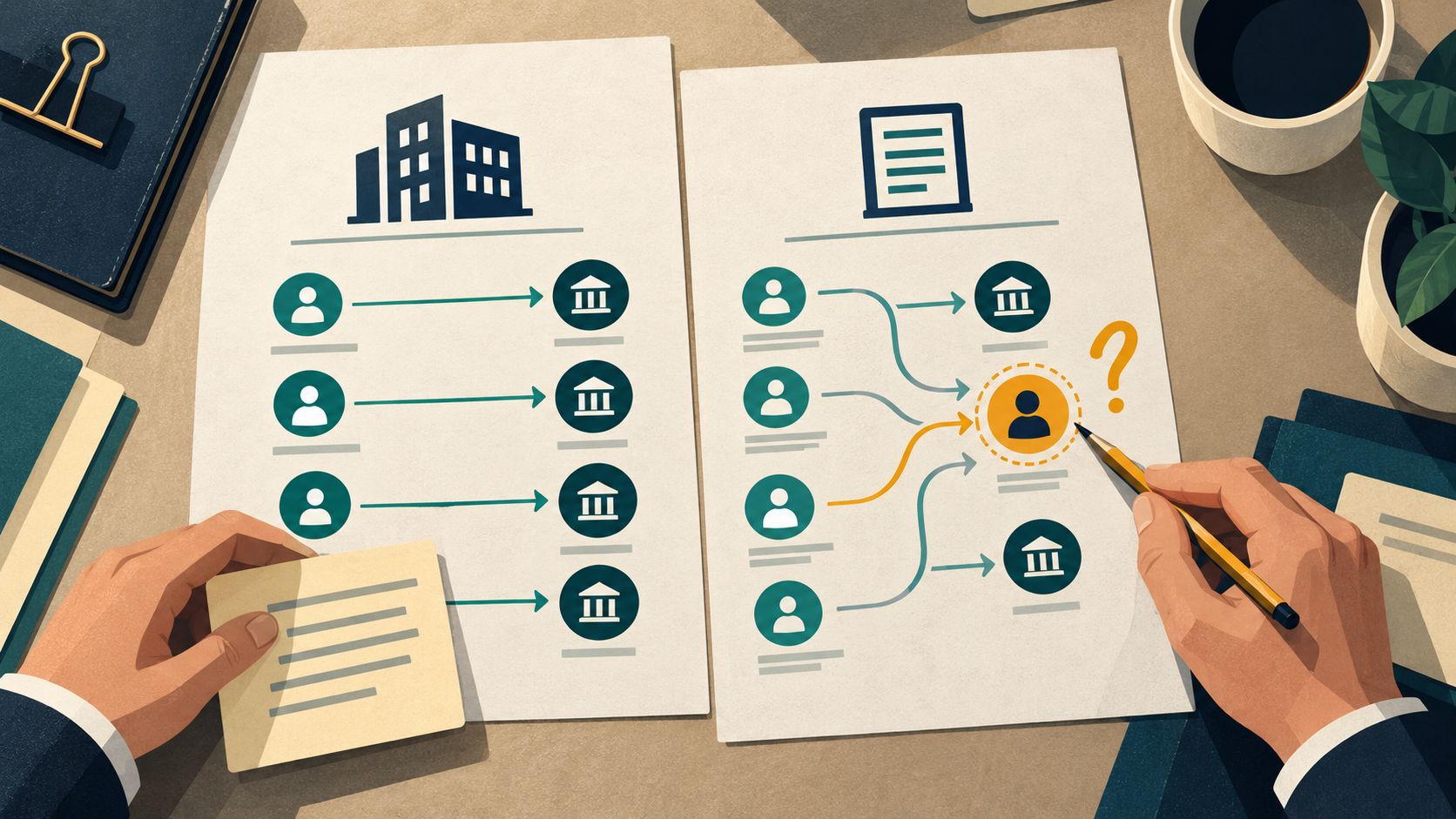 Illustrated comparison of a customer profile and payment recipient with a highlighted discrepancy.