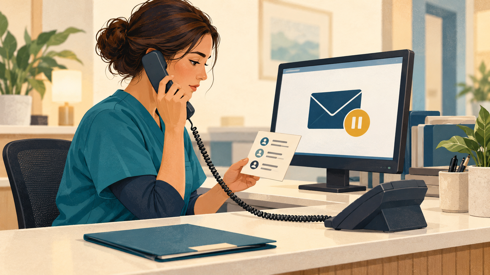 Illustration: Eine Praxismitarbeiterin bestätigt einen Empfänger telefonisch, während der Versand pausiert.