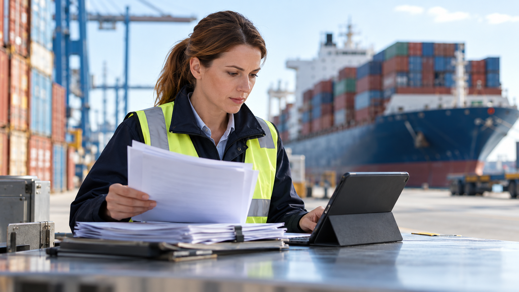 Compliance specialist reviews shipping and customs documents at a container terminal