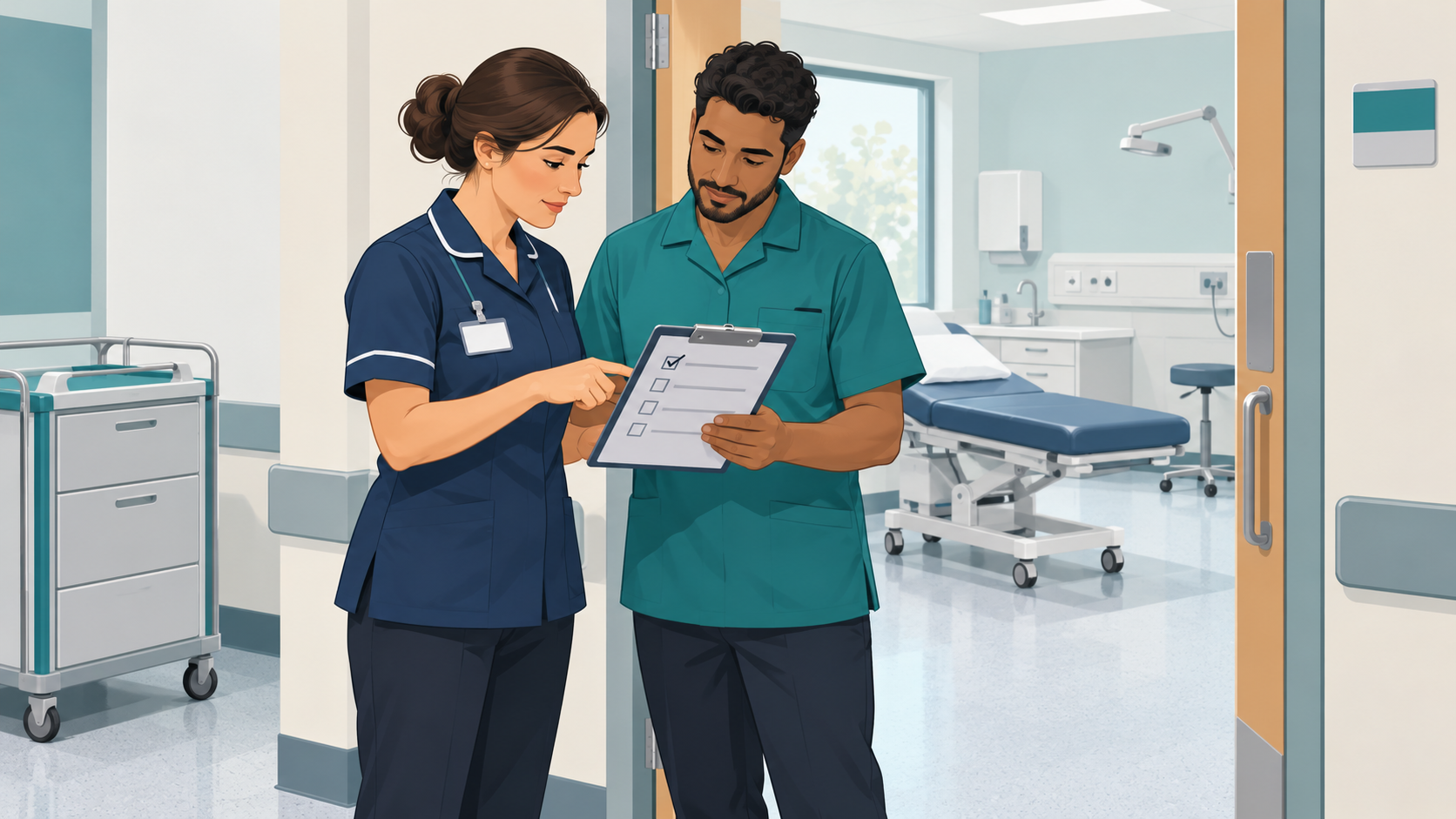 Illustration einer abgestimmten Raumübergabe zwischen Reinigung und klinischer Koordination