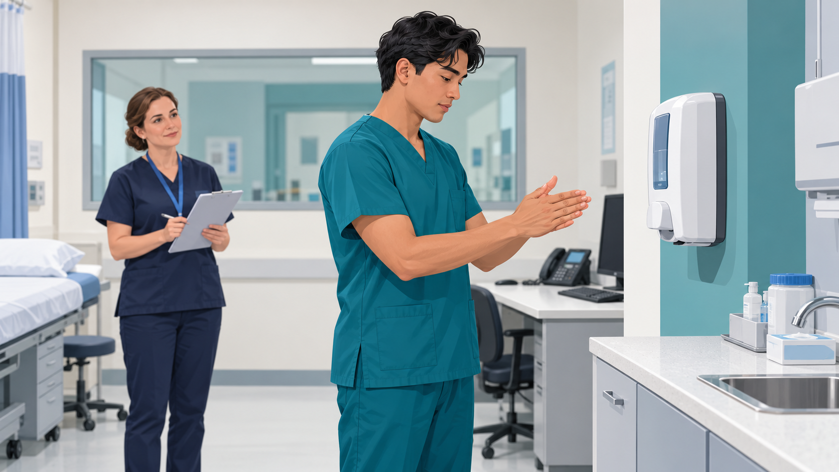 Illustration einer begleiteten Händehygiene-Übung im Simulationsraum
