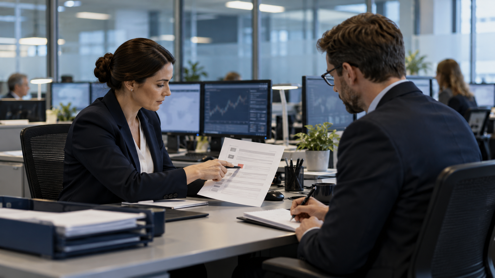 A compliance specialist and a back-office employee review a documented escalation at a workstation