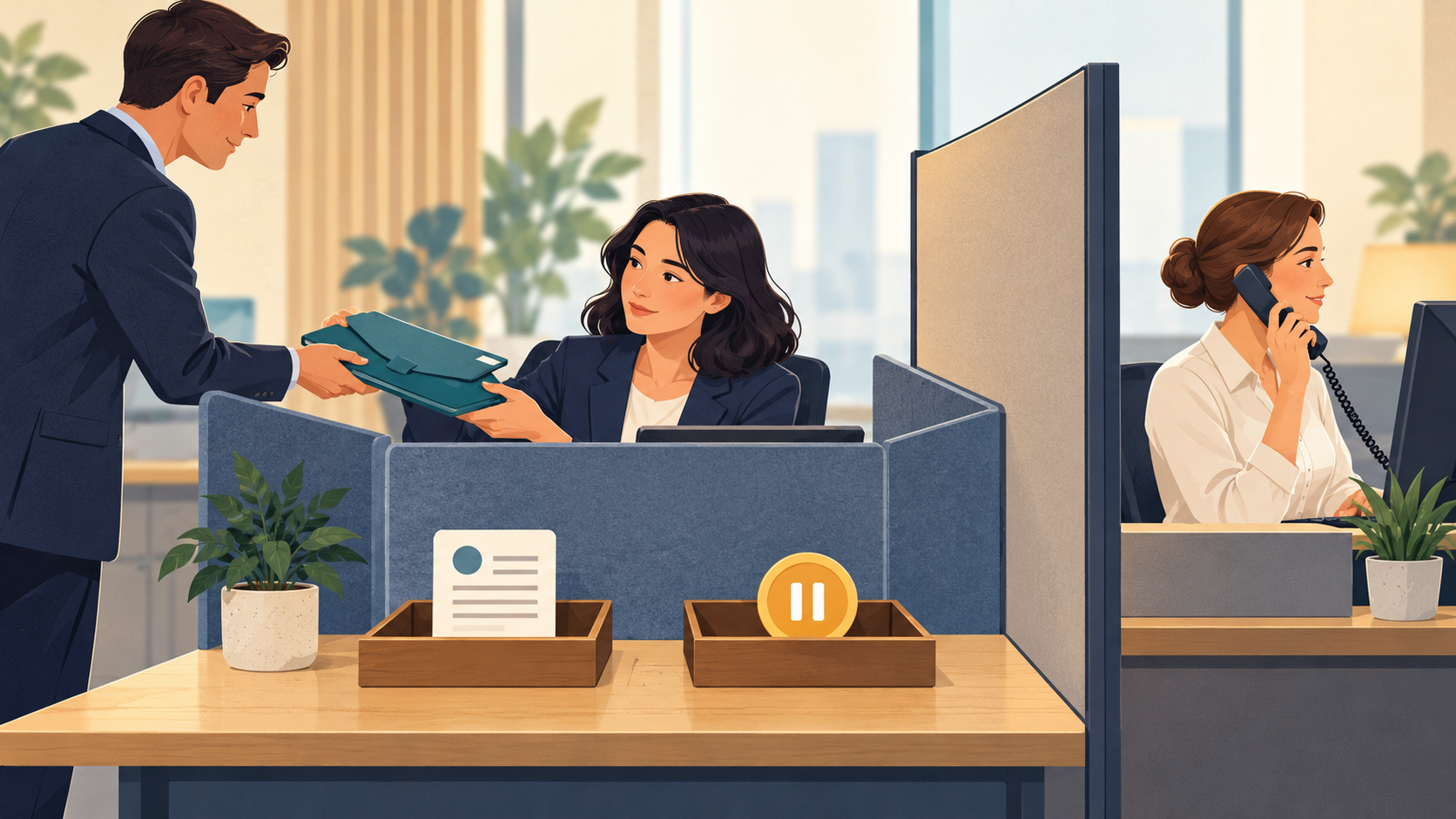 Illustration of a confidential case handover with separate symbols for reporting and transaction decisions.