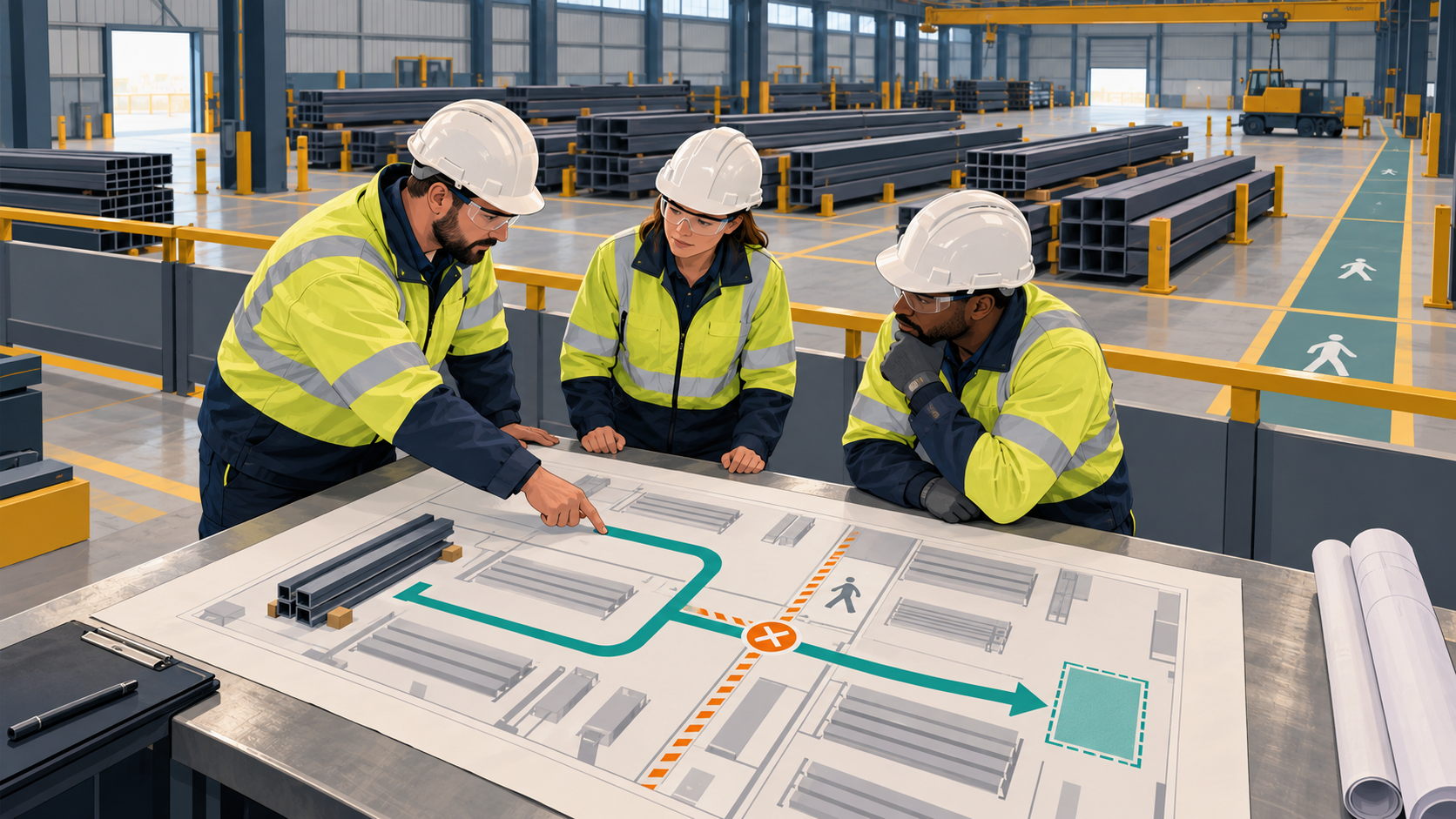 Ein Team prüft vor Arbeitsbeginn einen Hallenplan mit Transportweg, Ablagebereich und kreuzendem Fußweg.