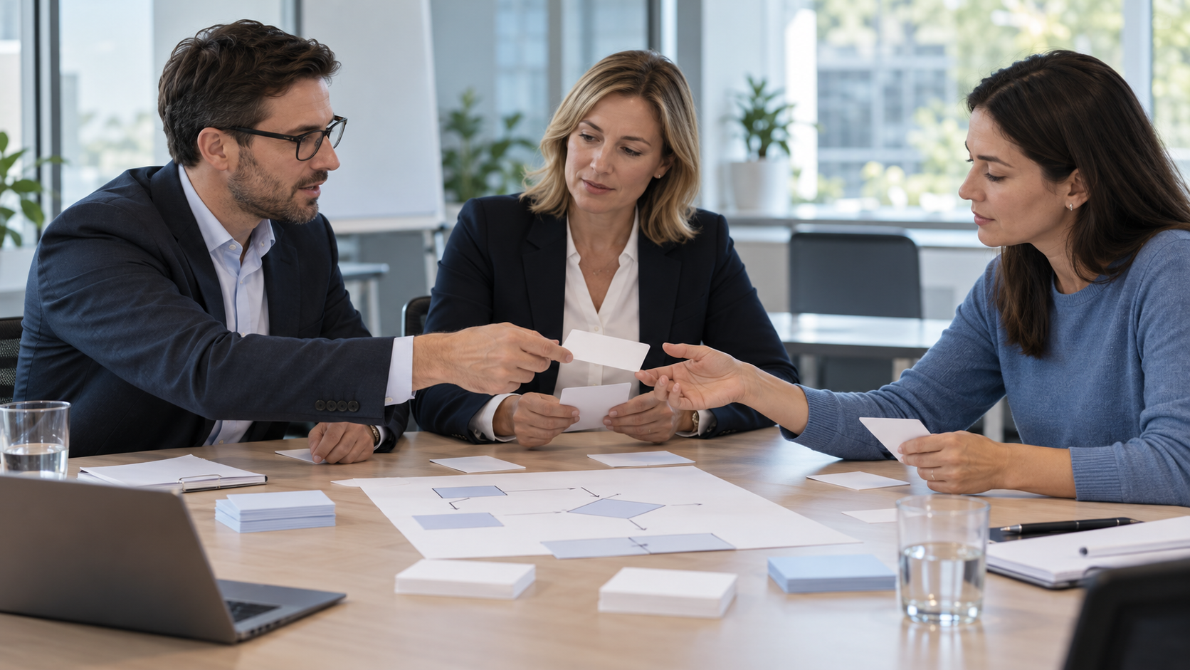 Three staff members practise handing over an anonymised case card in a financial-services team