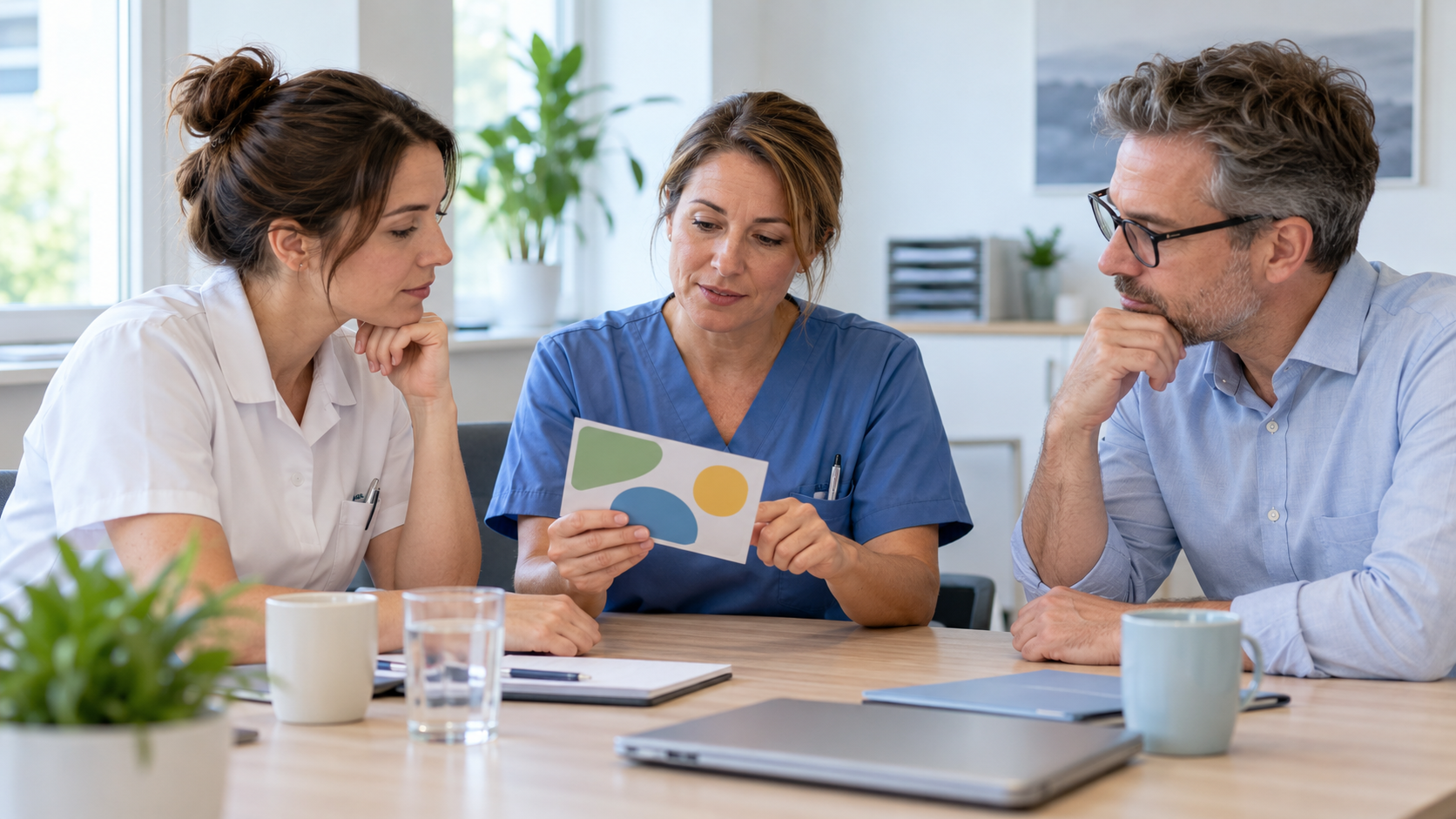 Three healthcare staff members discuss a role-based data-protection exercise using an abstract card