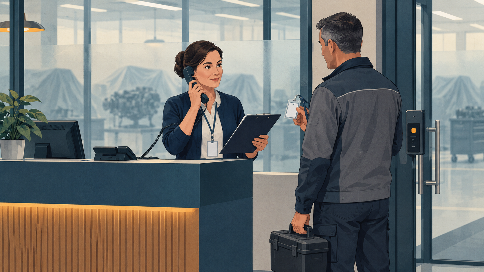 A receptionist checks a visitor and contacts the responsible host.