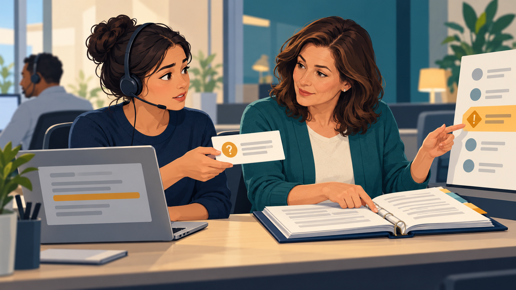 Illustration: Eine Servicemitarbeiterin klärt einen unsicheren KI-Entwurf mit einer Fachperson.