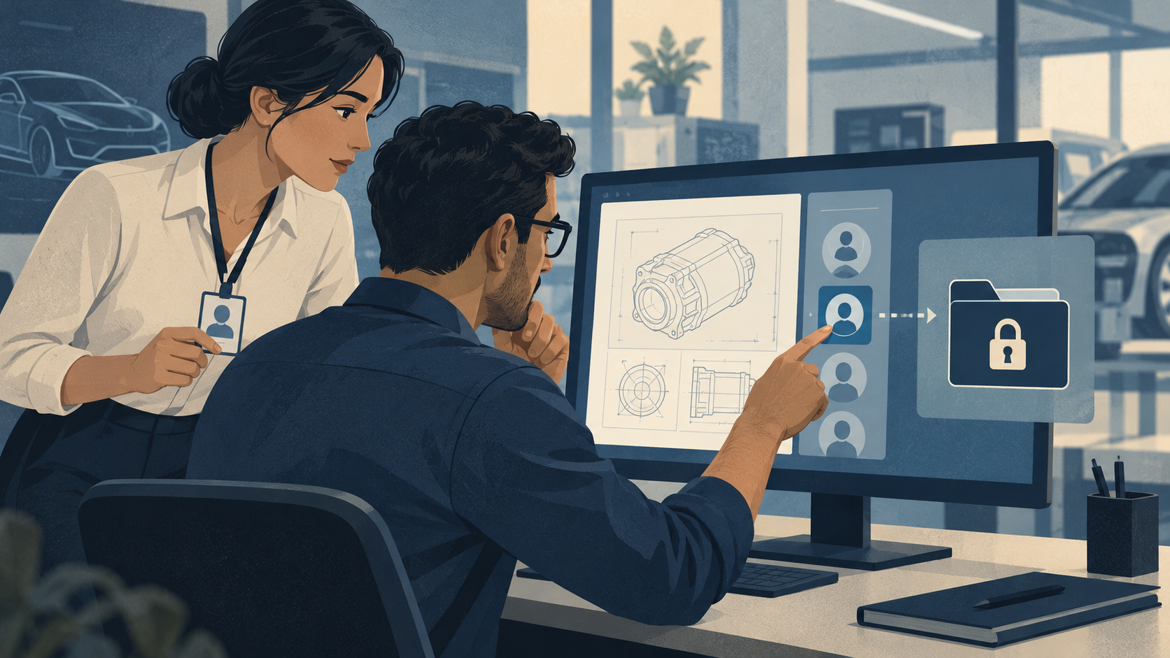 Two employees check the recipient before sharing an engineering file.