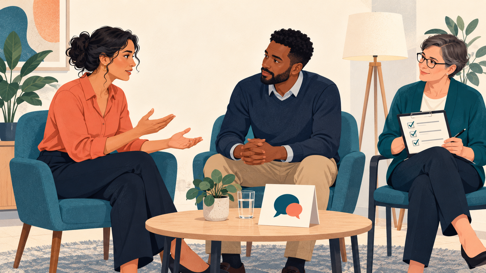 Illustration of an intake role-play with two speakers and an observer.