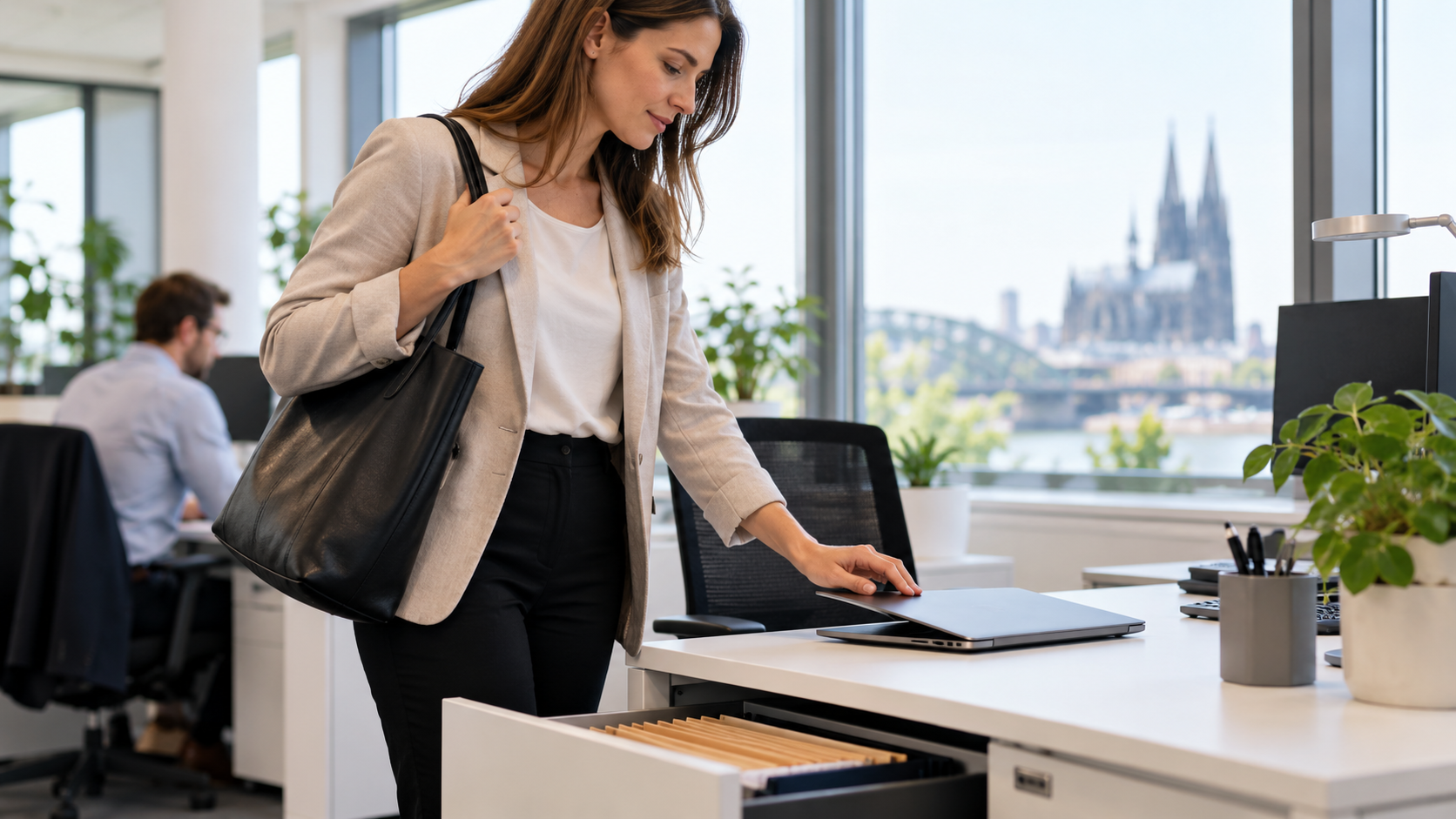Employee secures the workstation before leaving