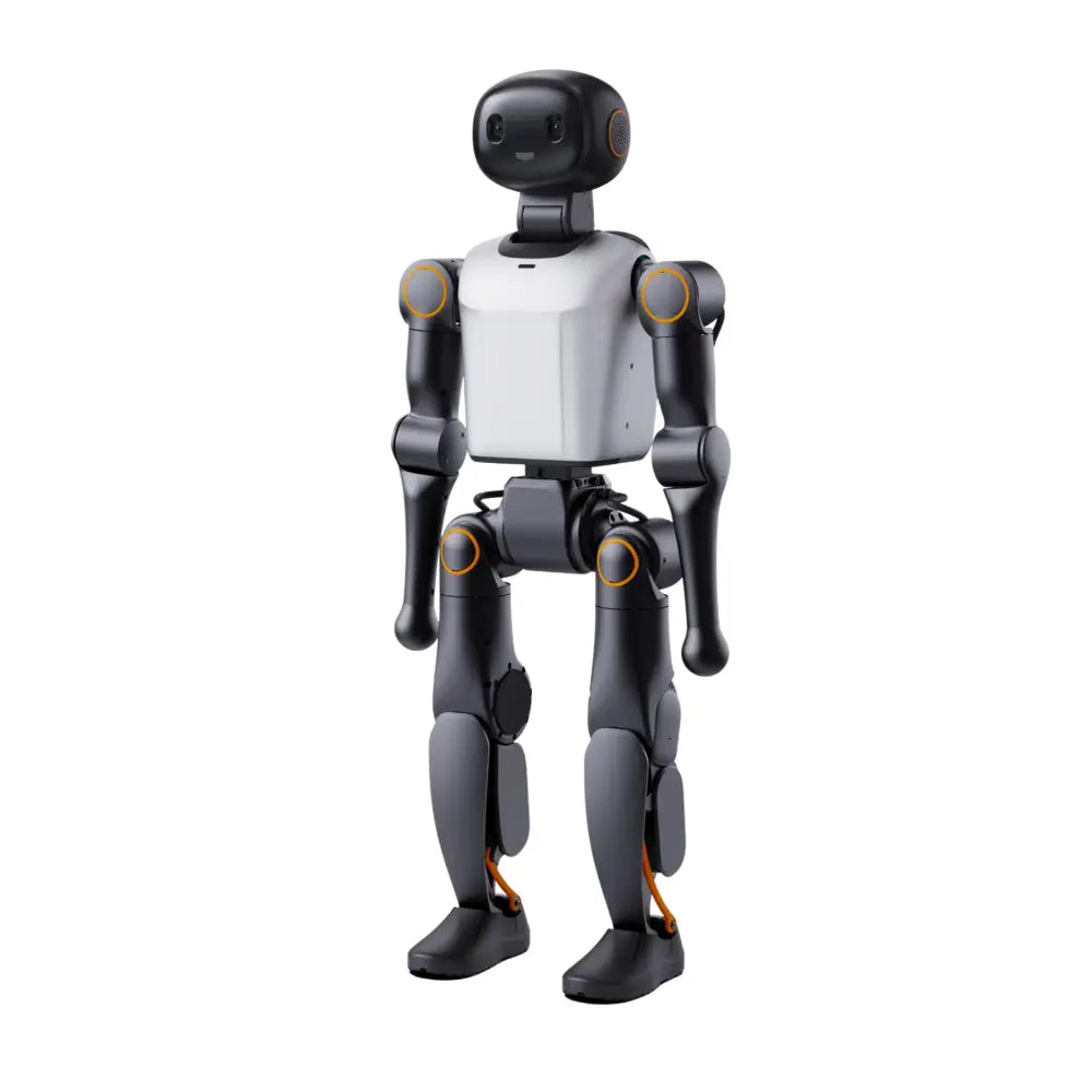 Booster Robotics K1 humanoid robot standing upright in white and dark grey panels, photographed against a plain background.
