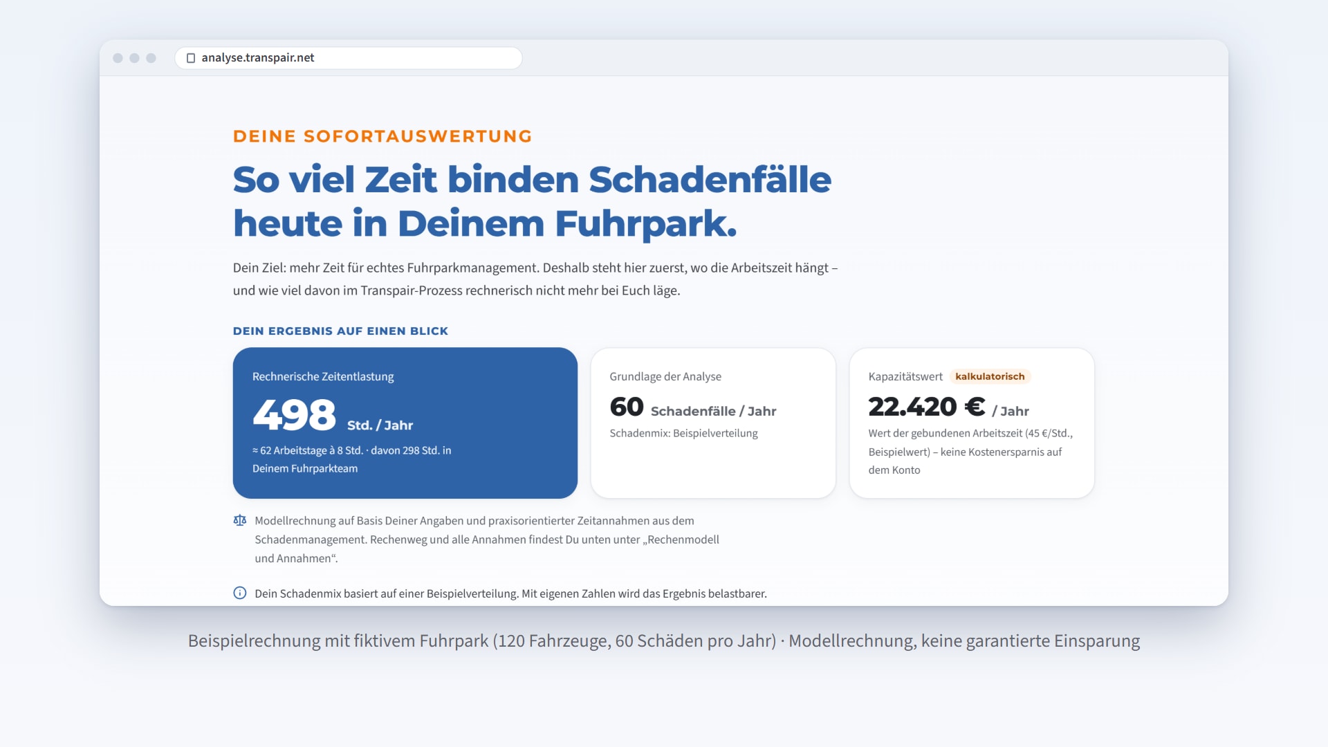 Sofortauswertung der Schadenmanagement-Analyse mit einem fiktiven Beispiel-Fuhrpark