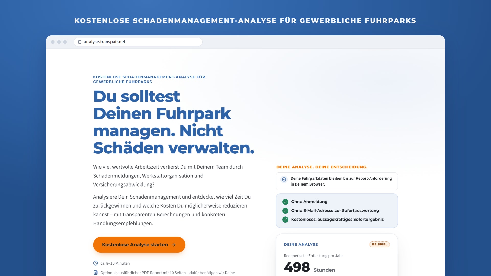 Startseite der kostenlosen Schadenmanagement-Analyse von Transpair unter analyse.transpair.net