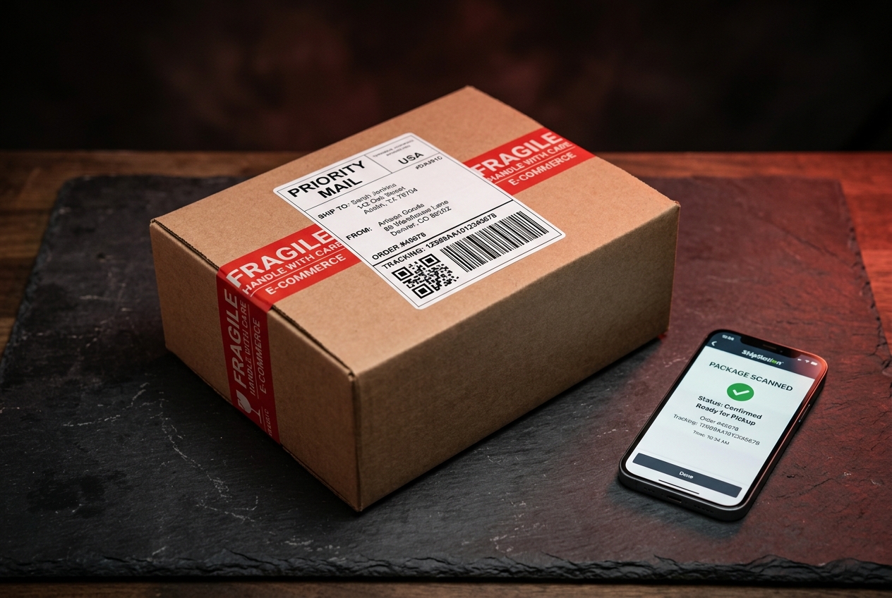 Colis de livraison préparé avec étiquette d'expédition, QR code et smartphone en Algérie