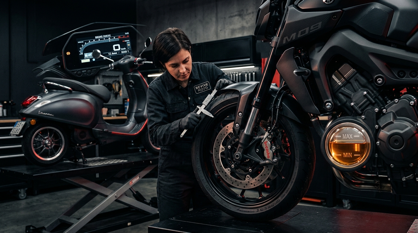Comprehensive technical inspection on used scooter and motorcycle in workshop