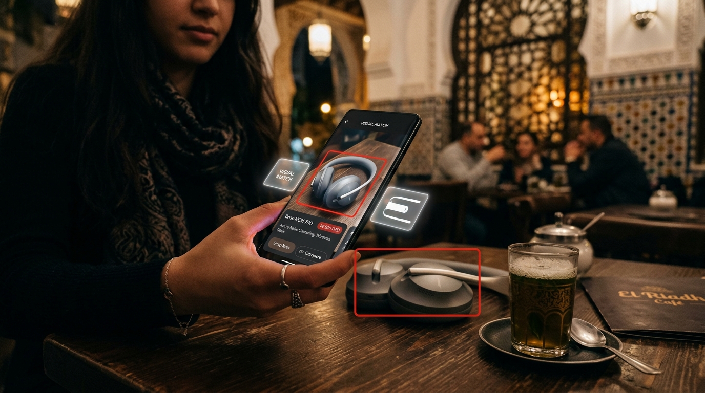 AI visual search scanning headphones on a smartphone in an Algerian cafe