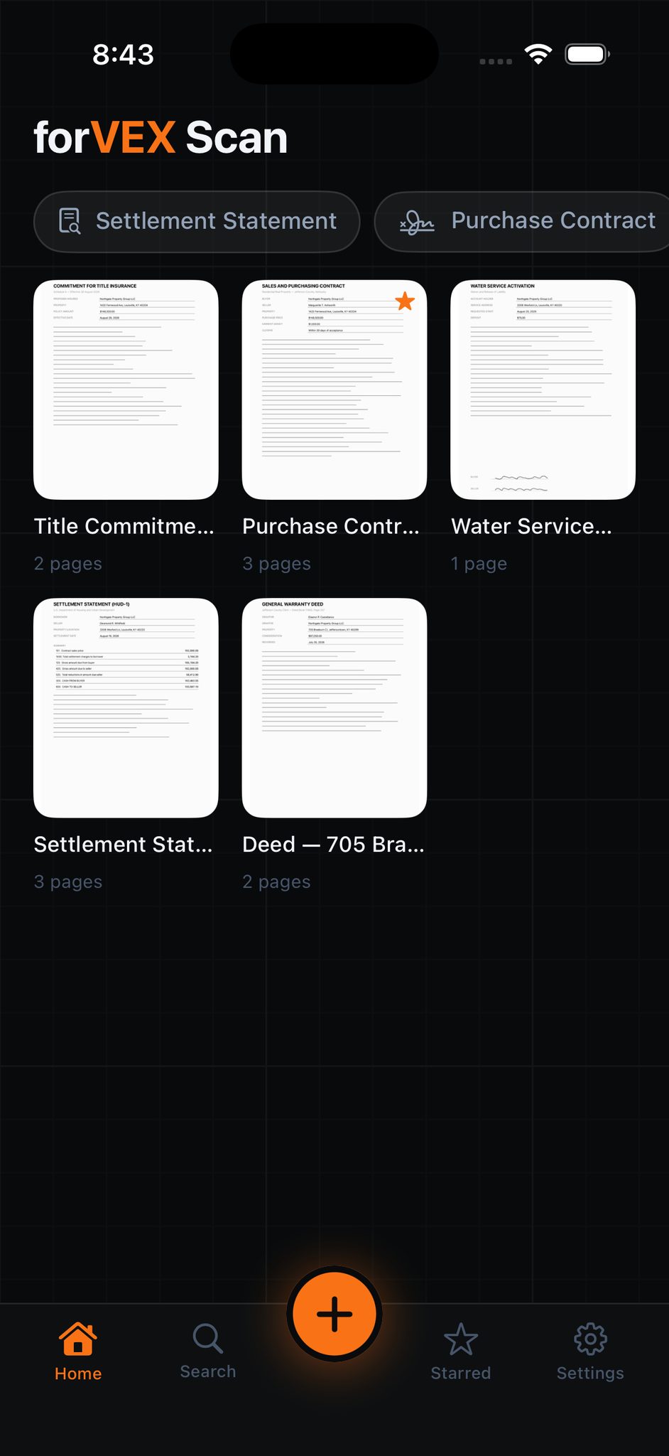 The document library on a test device. Every document shown is synthetic.