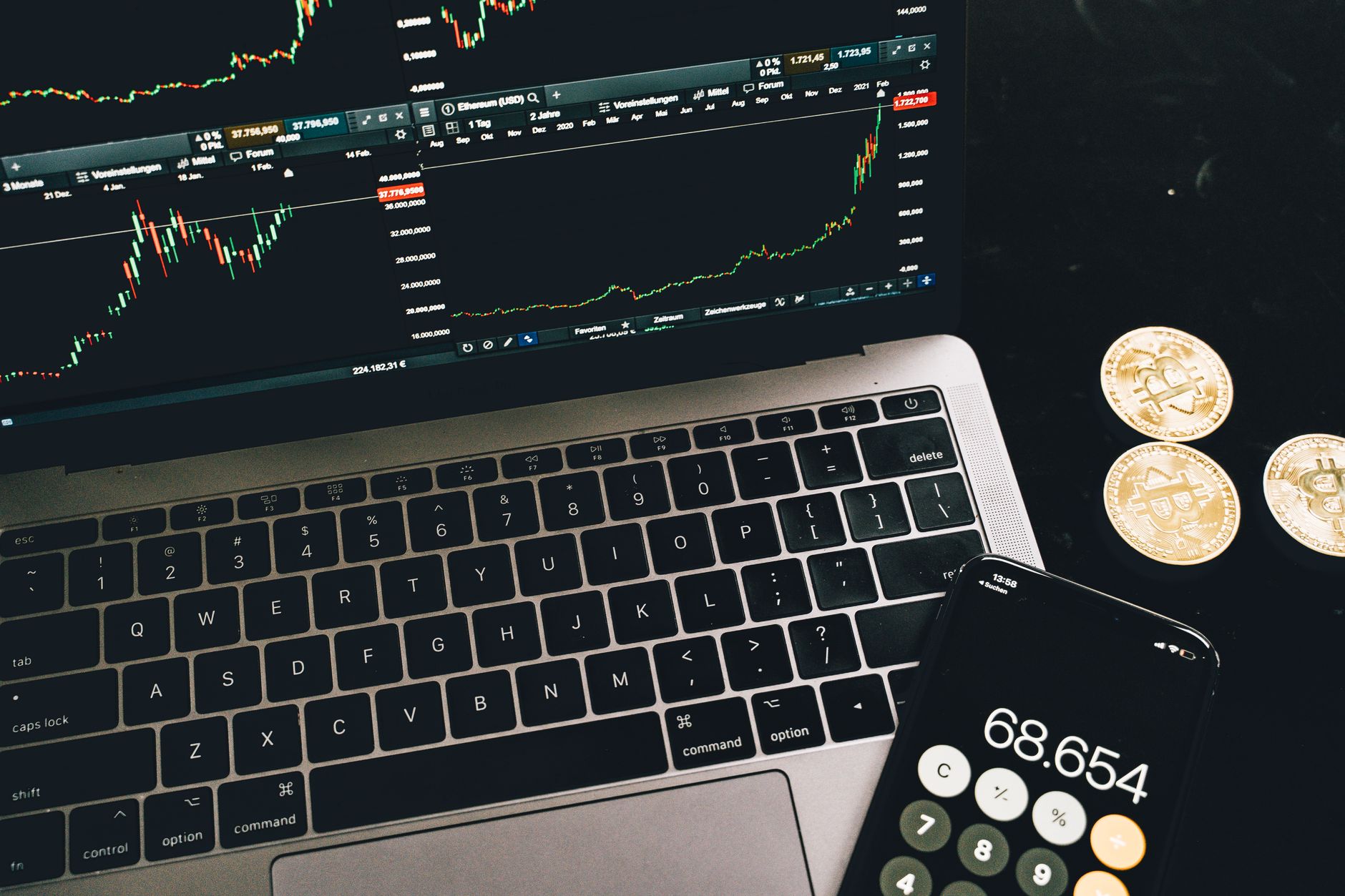 Ethereum price fluctuations reflecting market sentiment. A laptop with trading charts, smartphone calculator, and bitcoin coins depicting cryptocurrency trading.