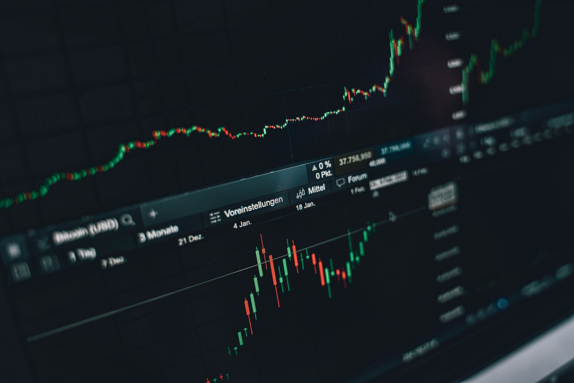 A graph comparing mining efficiencies of different ASIC models Close-up of a digital market analysis display showing Bitcoin and cryptocurrency price trends.