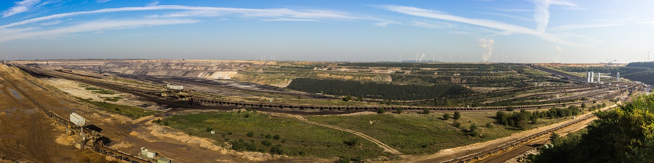 Visual representation of mining risks and management strategies brown coal mining, brown coal, open pit mining, money, bucket wheel excavators, degradation, industrial plant, panorama, observation deck, excavator, outlook