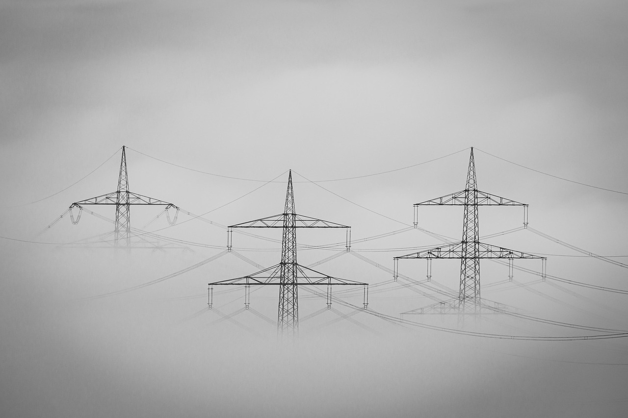 Visualizing the impact of electricity costs on mining fog, landscape, electricity, electricity pylons, haze, mood, clouds, nature, heaven, mystical, the atmosphere, black-and-white, three, technology, industry, cotton wool, stole, electro, supply, transmission