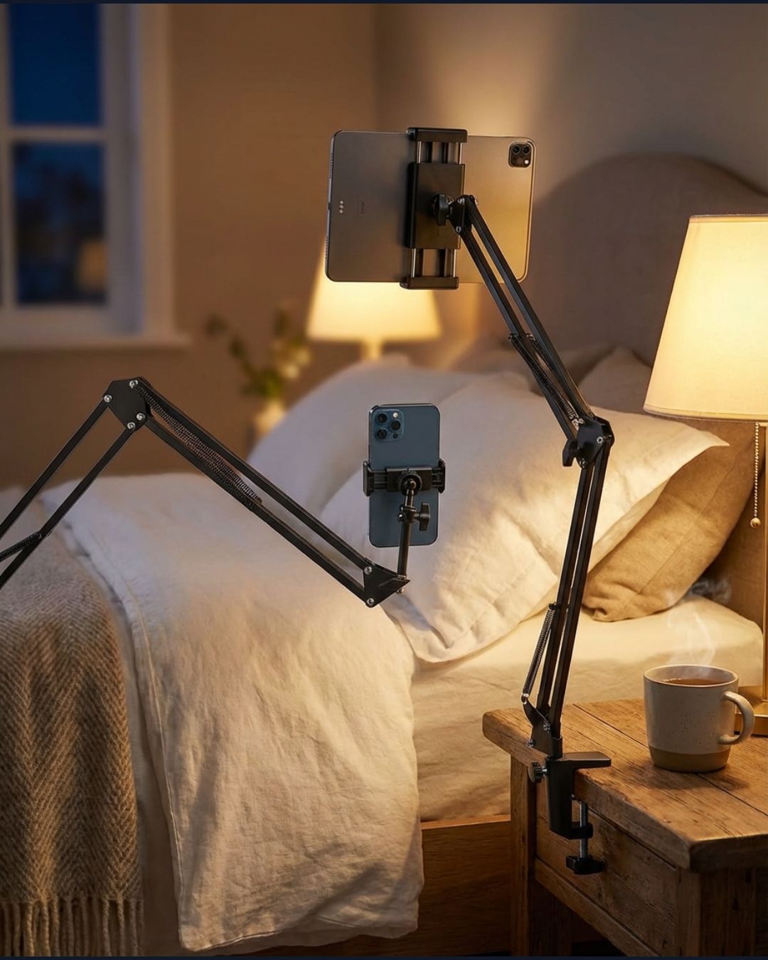 Folding bedside phone holder clipped to nightstand in cozy bedroom