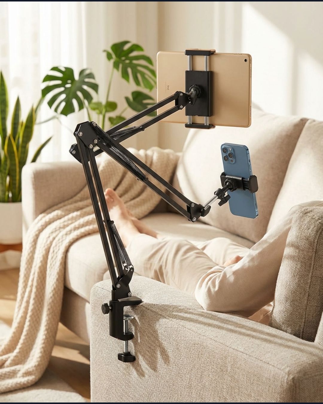 Folding phone holder clipped to sofa armrest in cozy living room for hands-free viewing