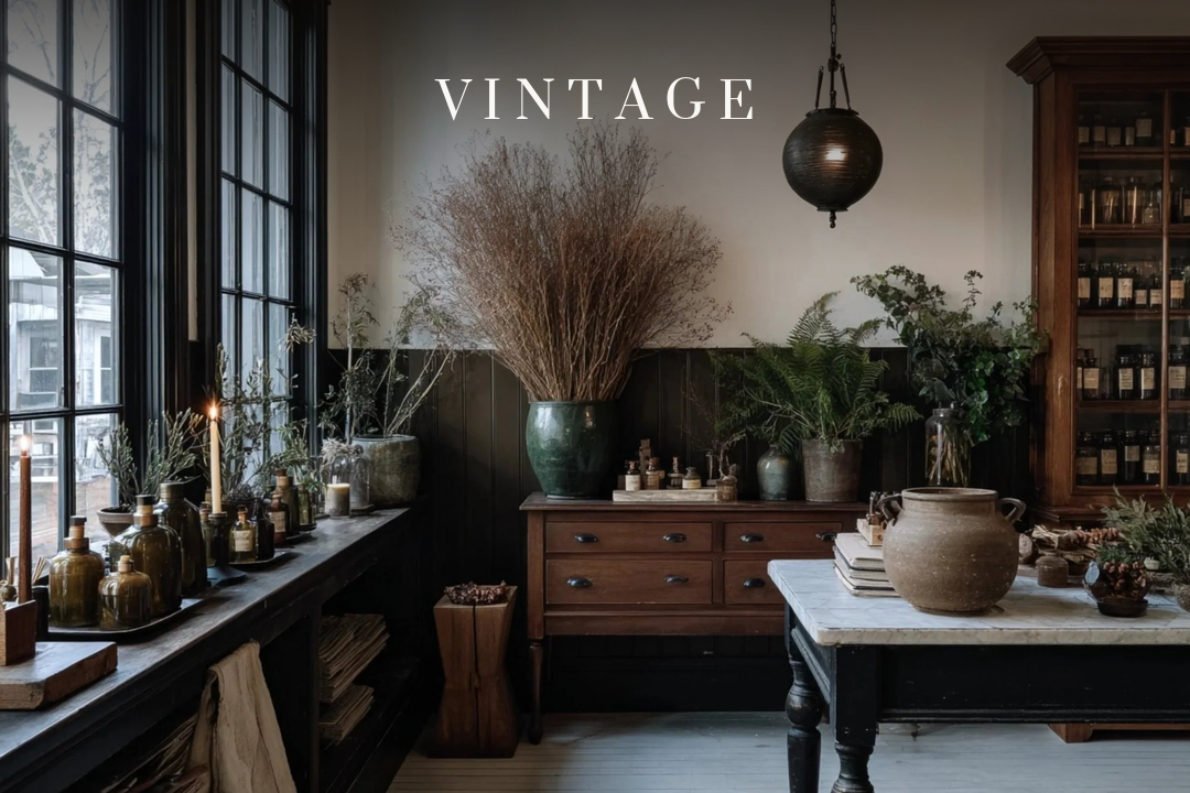Vintage — an apothecary room layered with lived-in vintage pieces