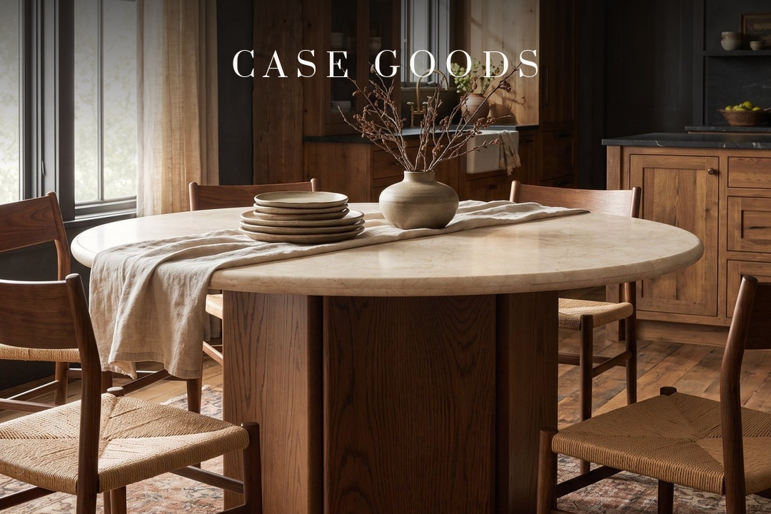 Case goods — a round wood dining table with woven chairs