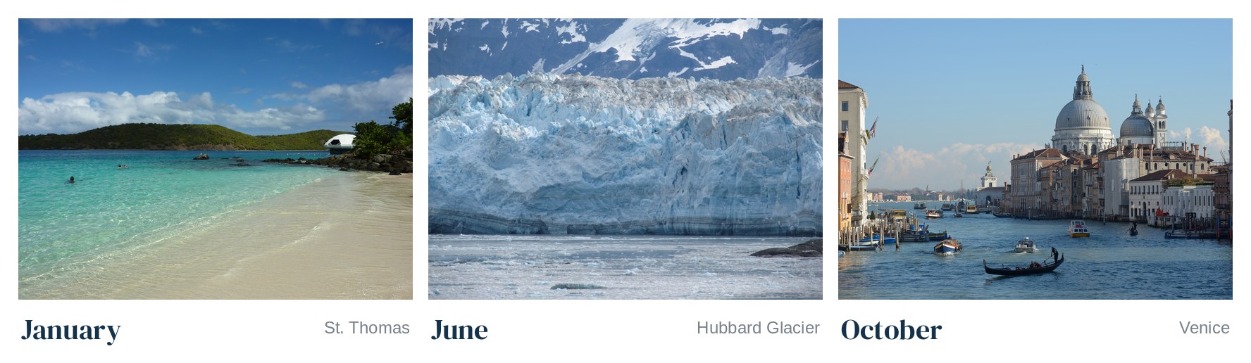 A peek at the 2027 cruise calendar: January St. Thomas, June Hubbard Glacier and October Venice