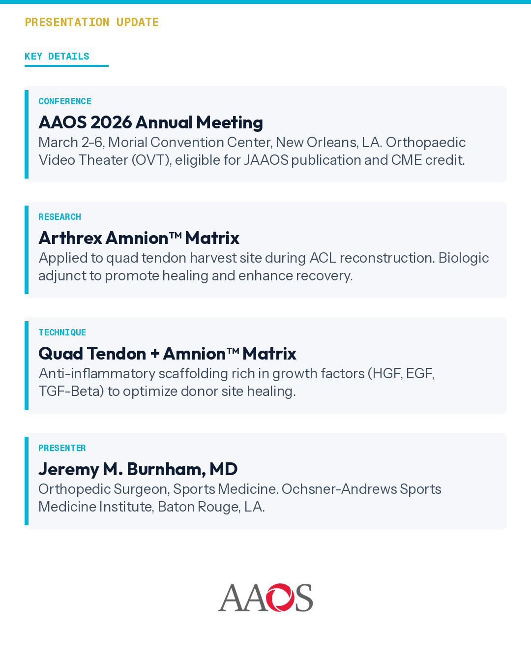 Key Details About Arthrex Amnion Matrix Technique Including Conference Information And Presenter Jeremy Burnham Md