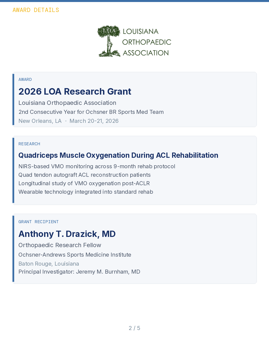 2026 Loa Research Grant Award Details Showing Funded Research On Quadriceps Muscle Oxygenation During Acl Rehabilitation And Grant Recipient Anthony T Drazick Md