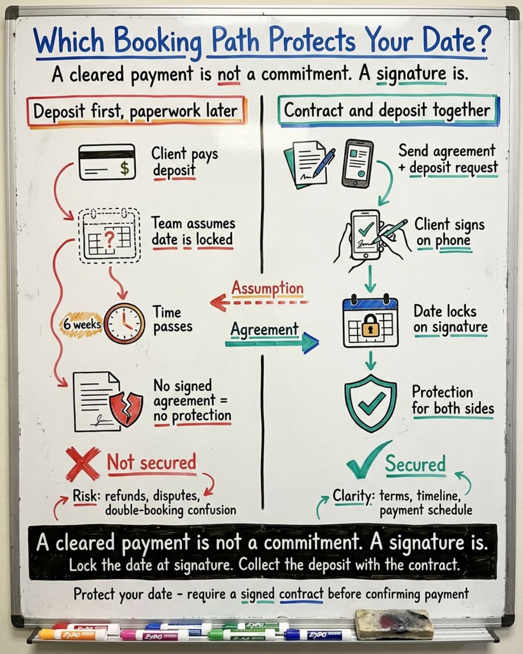 Comparison of two booking paths: taking a deposit first and sending paperwork later, versus sending the contract and deposit request together so the date locks on signature.