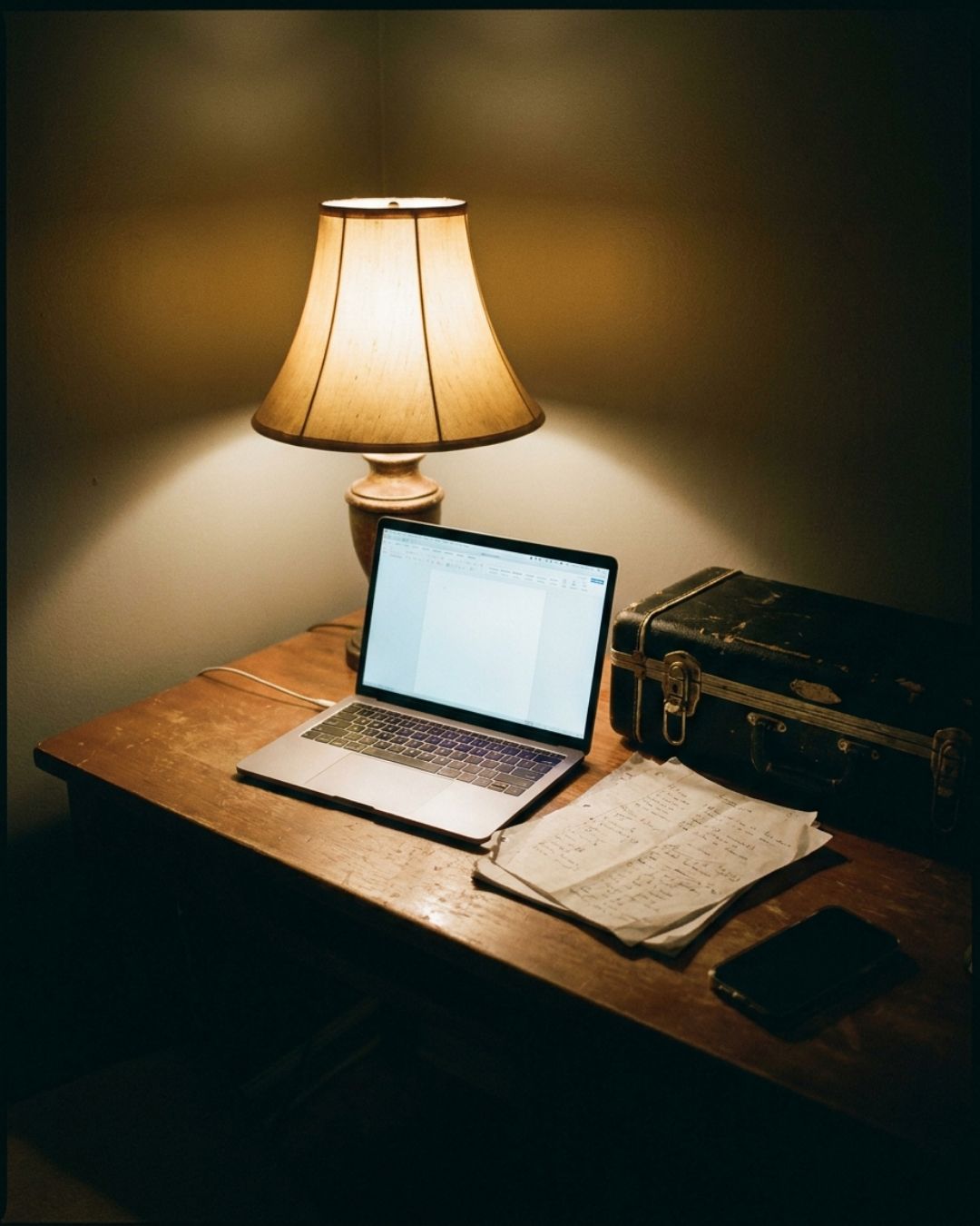 A laptop showing a nearly empty document on a wooden desk at night, beside handwritten gig notes and an instrument case, lit by a single lamp