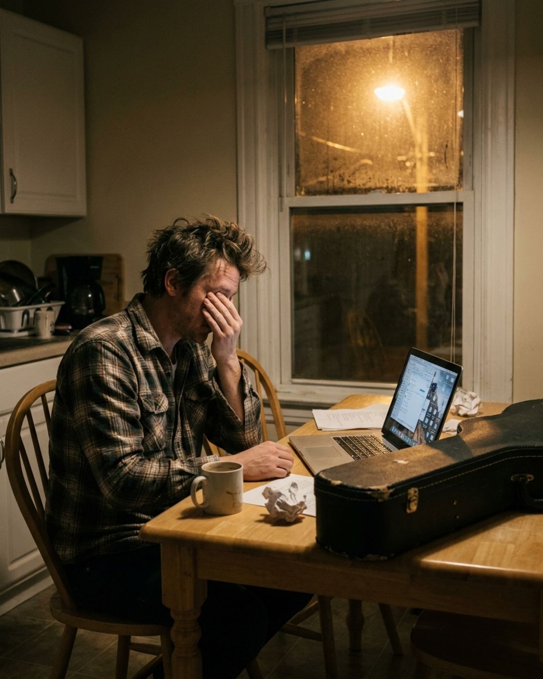 A bandleader sitting alone at a kitchen table late at night with a laptop open and an instrument case beside him, head in one hand