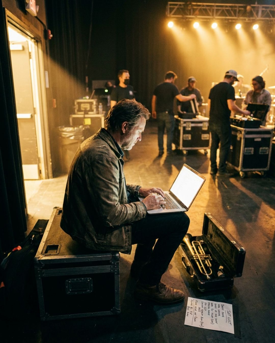 A bandleader sits on a road case during load-in working on a laptop, with crew moving gear and a handwritten set list on the floor beside an open trumpet case