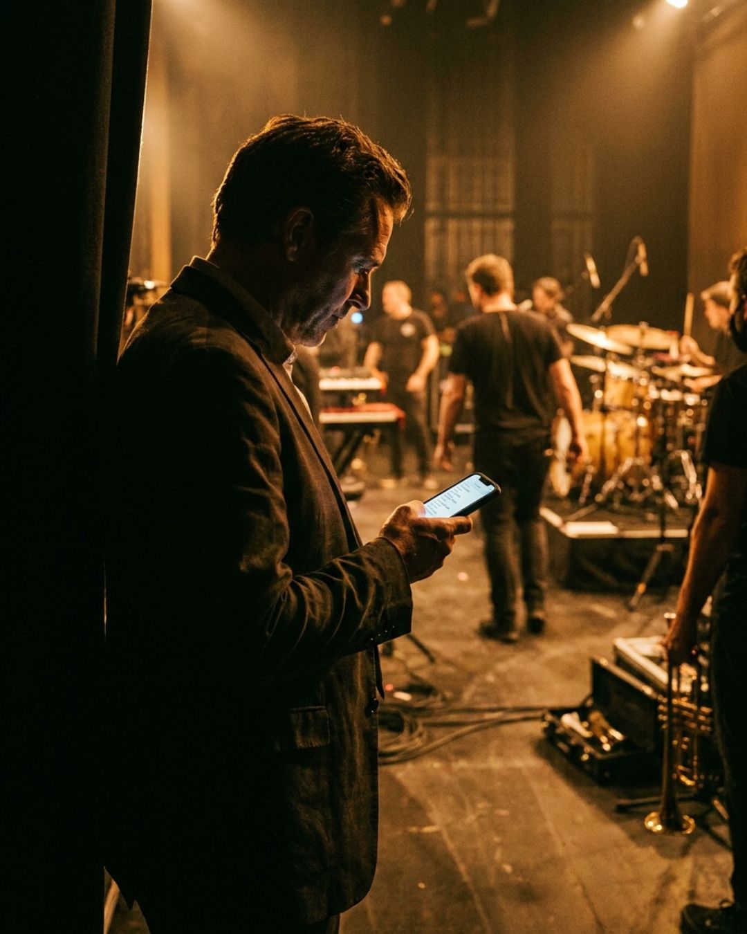 A bandleader stands at the side of a stage checking a lineup on his phone while his band loads in behind him, a trumpet resting on a flight case in the foreground