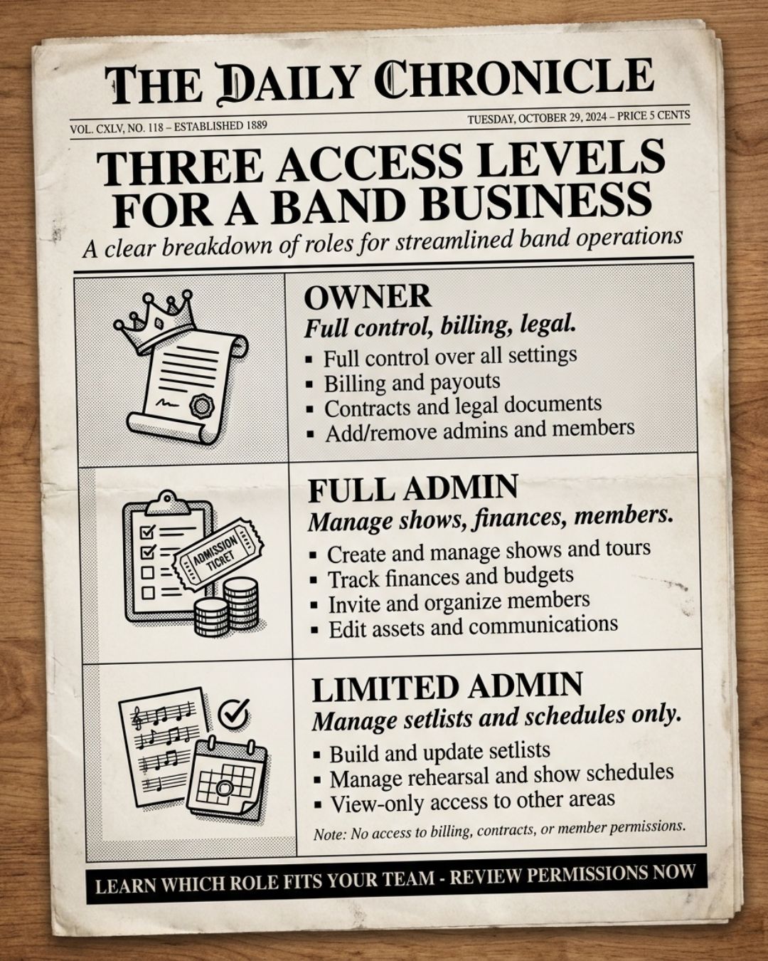 Infographic comparing three levels of access in a band business: owner with full control, full admin with complete operational access, and limited admin with access only to the specific area they help with