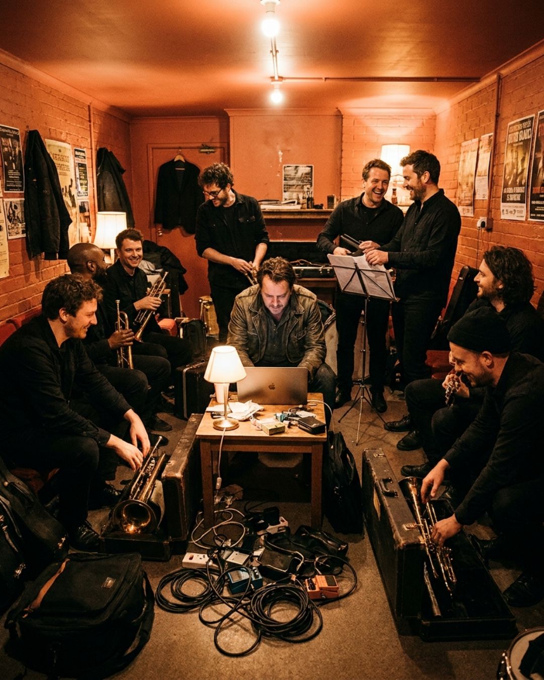 An event band in a green room after a show, the bandleader working on a laptop while the musicians pack up their instruments around him