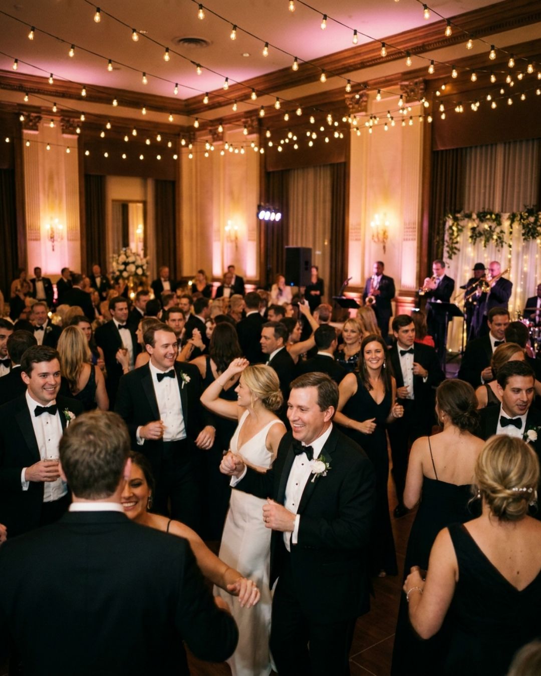 A packed dance floor at an elegant wedding reception with the band playing in the background