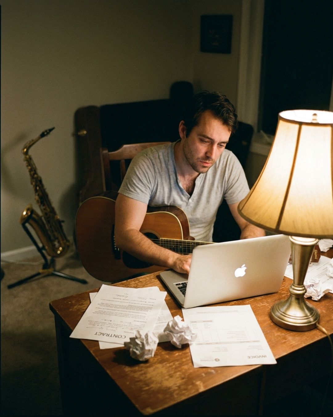 A musician sits at a desk late at night with a laptop, a printed contract and an invoice beside him, a guitar in his lap and a saxophone on a stand behind him.