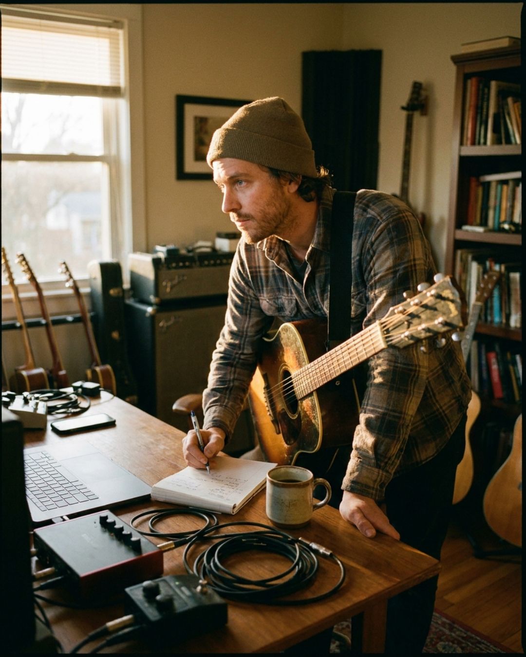 A musician standing at a desk in a home studio writing in a notebook beside an open laptop, guitars and an amp behind him