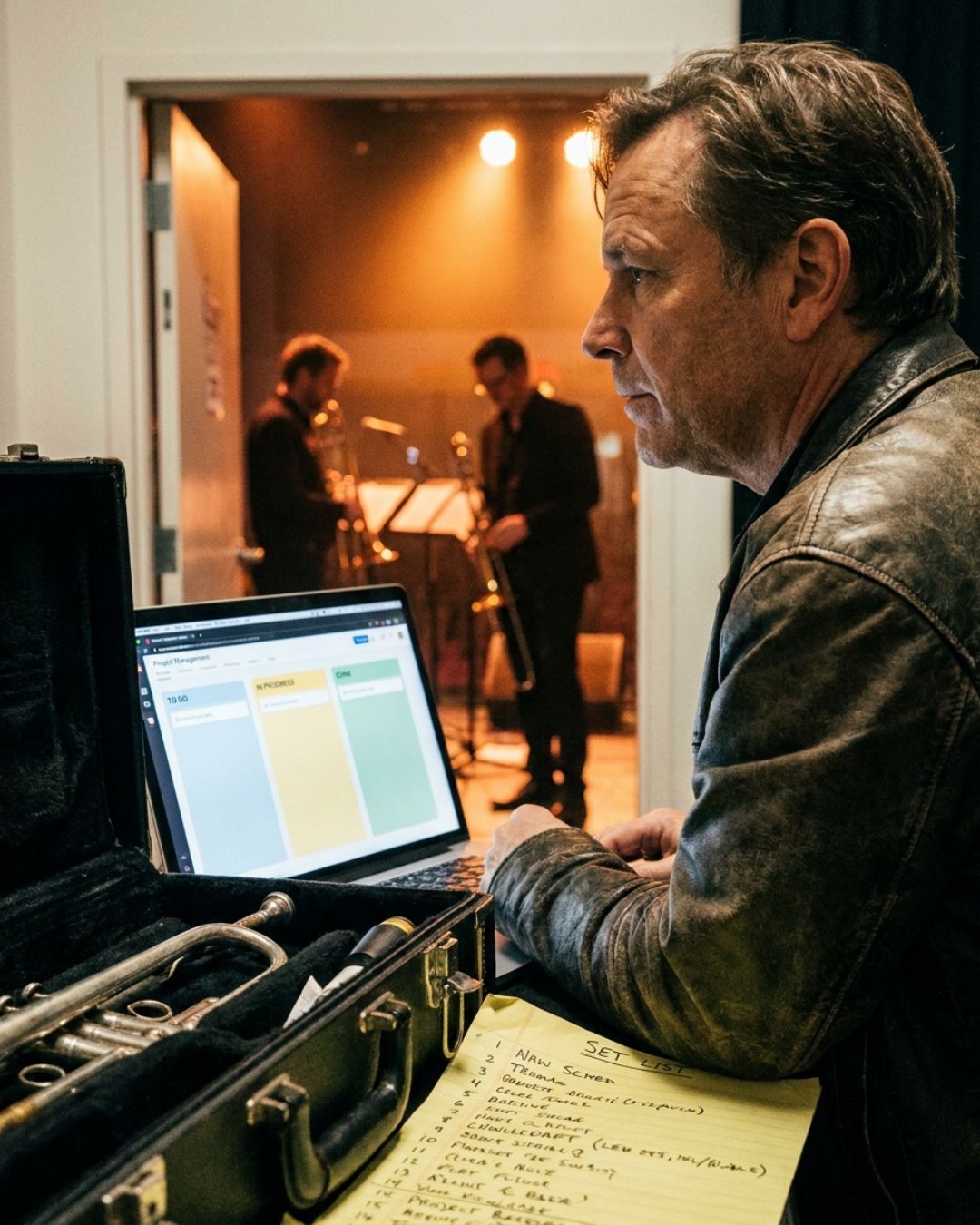 A bandleader backstage at a venue looks at a laptop showing a generic project board with empty To Do, In Progress and Done columns, an open trumpet case and a handwritten set list beside him, while a horn section sets up under stage lights behind him