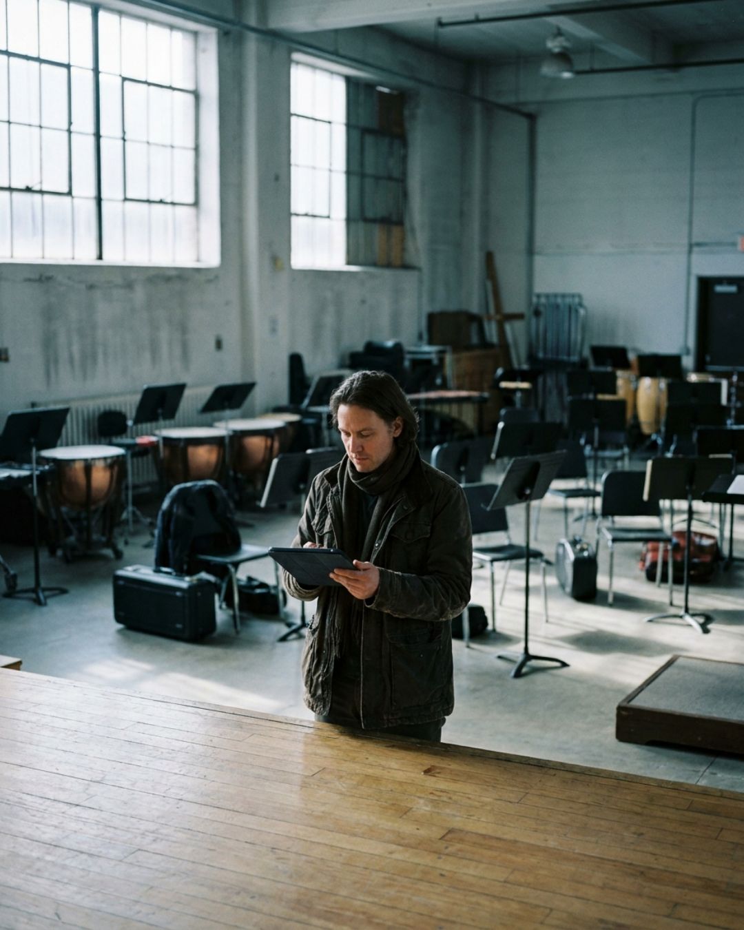 A music director stands at the edge of an empty rehearsal hall checking a schedule on a tablet, with music stands and instruments set up behind him.