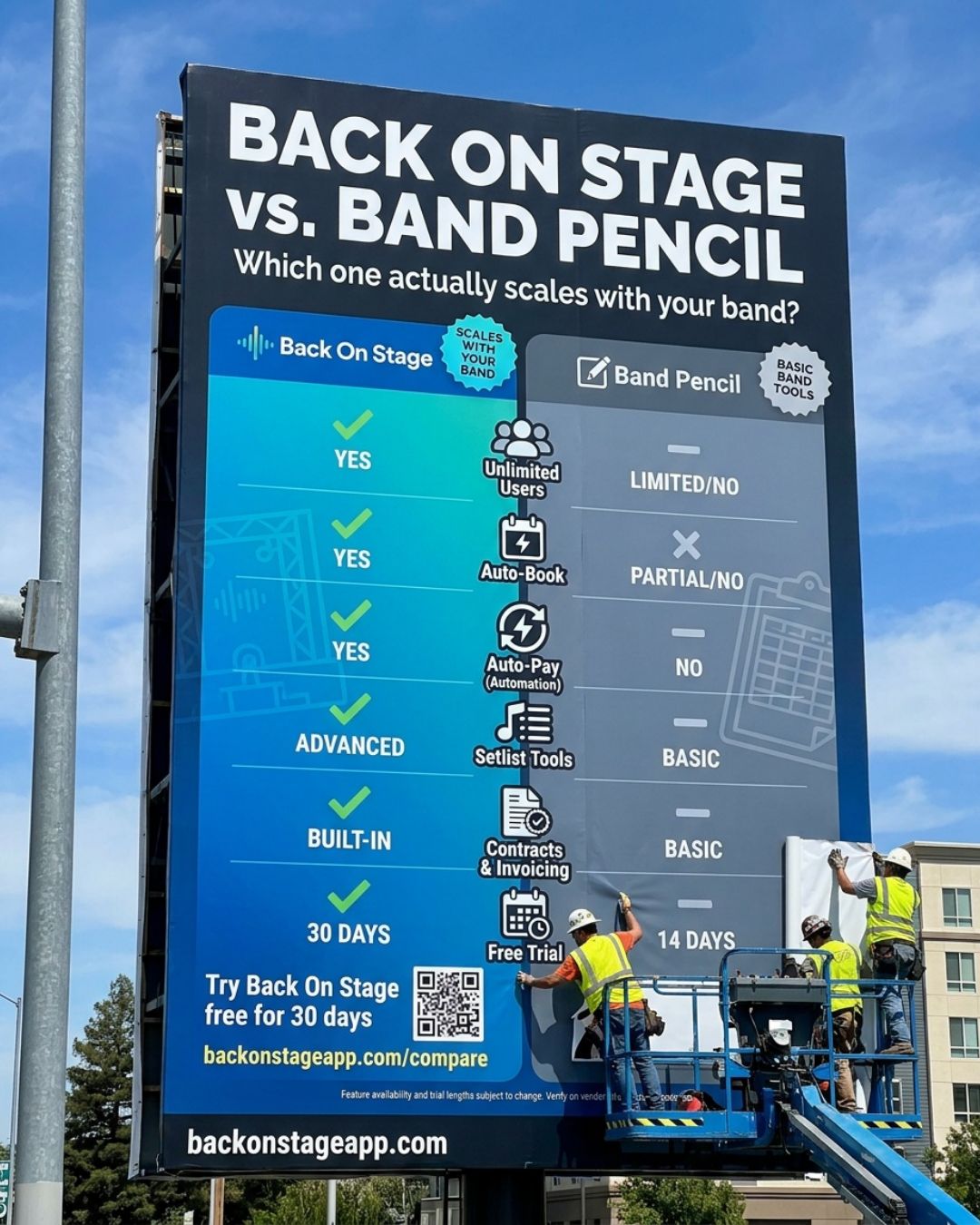 Back On Stage compared with Band Pencil for wedding and event bands: automated musician booking, per-musician payouts, admin seat pricing and setlist tools side by side.