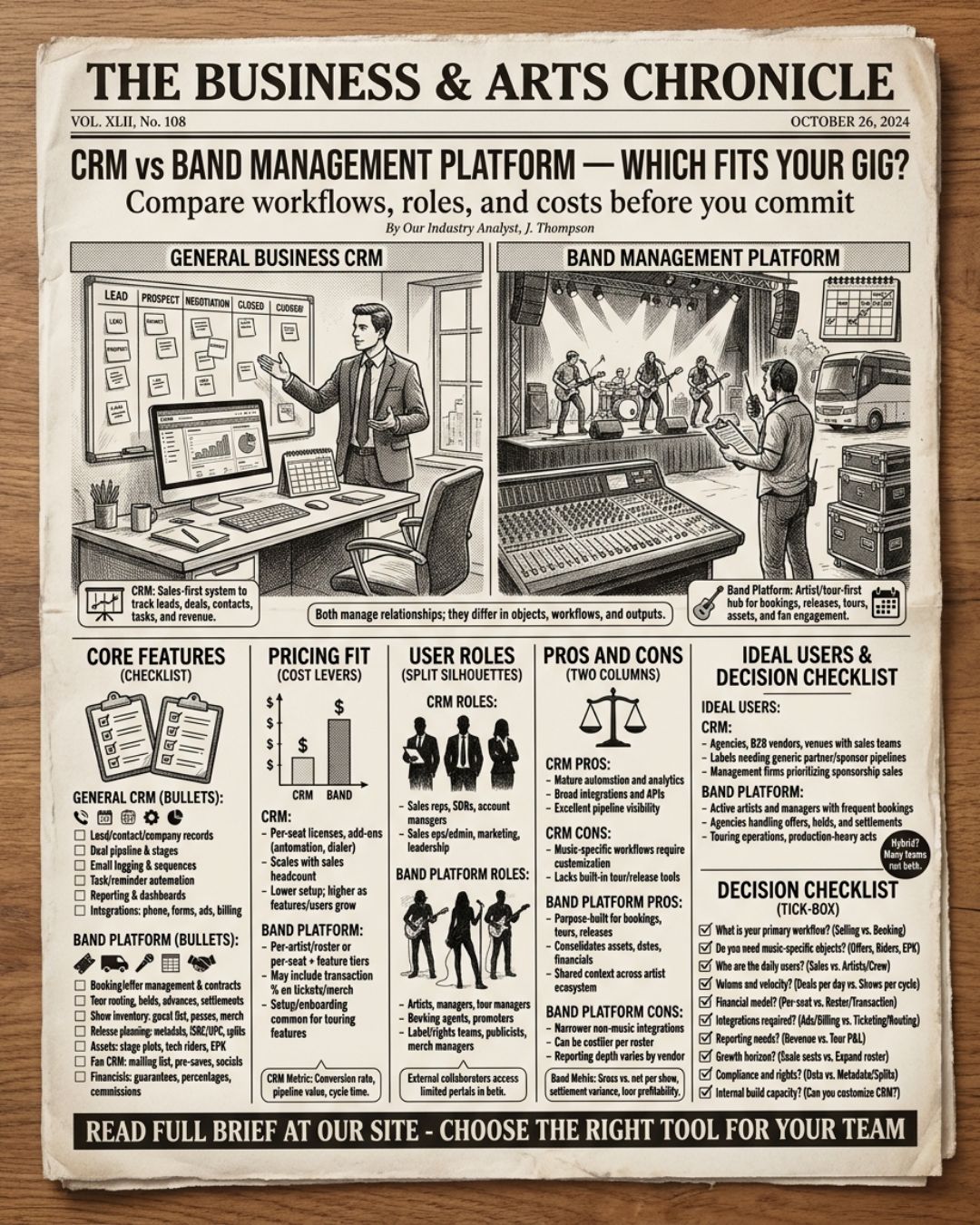Comparison infographic contrasting a general business CRM, which handles clients, quotes, contracts and invoices, against Back On Stage, which adds musician rosters, call order, setlists and payouts.