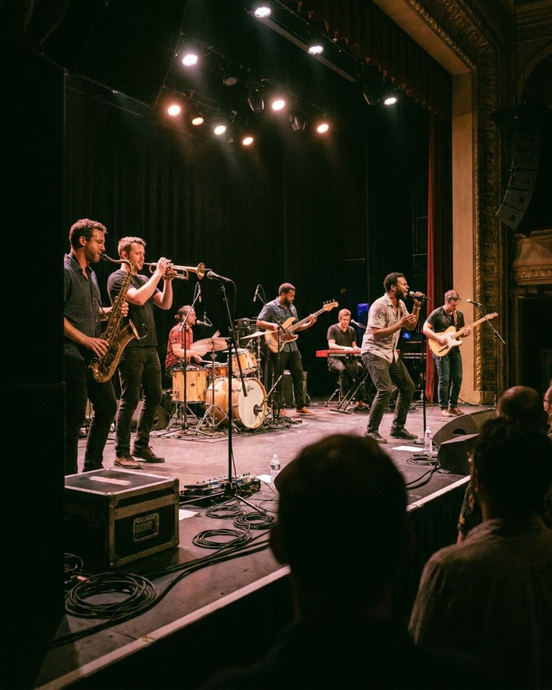 An eight-piece band with a horn section performing on a lit theatre stage, seen from the side of the room